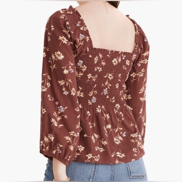 Madewell Lucie Smocked Square Neck Cotton Peplum Blouse Brown Floral 10 - Picture 2 of 8